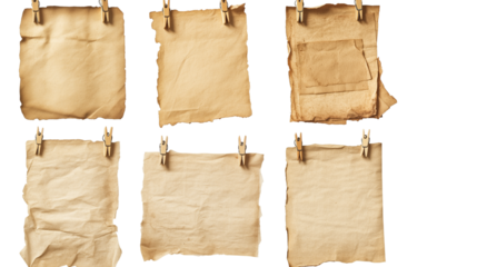  Set of old papers with clothespins isolated on Transparent PNG format background.