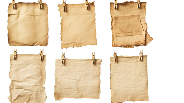  Set of old papers with clothespins isolated on Transparent PNG format background.