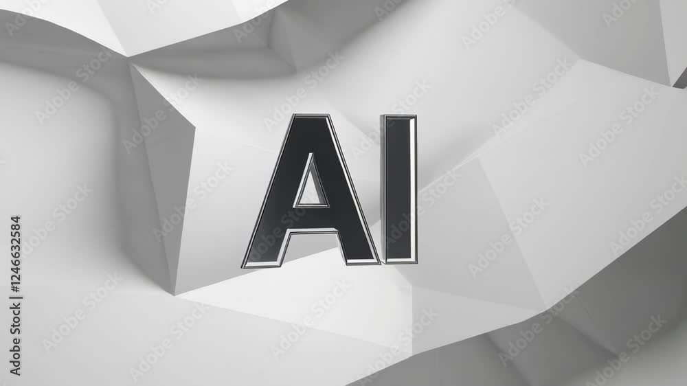 Poster metallic artificial intelligence letters forming ai icon rotating steadily against white polygonal g
