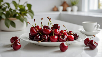 Cherry on a white plate close-up