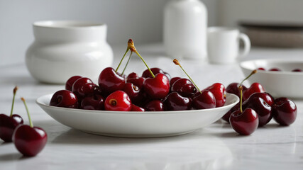 Cherry on a white plate close-up