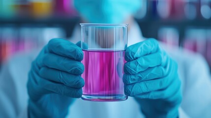 A scientist in a lab coat holds a glass of bright pink liquid, showcasing innovation and experimentation in scientific research.