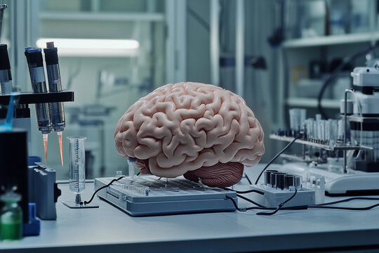 Brain displayed on medical apparatus in a laboratory setting during an experimental procedure