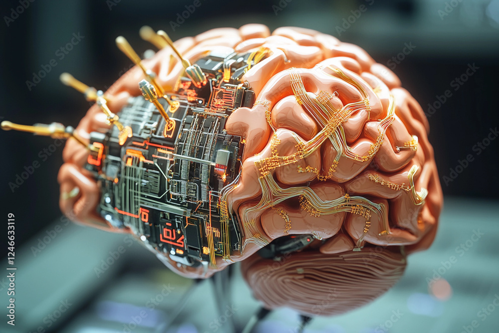 Fototapete futuristic brain design featuring circuit board elements merging technology with organic structure