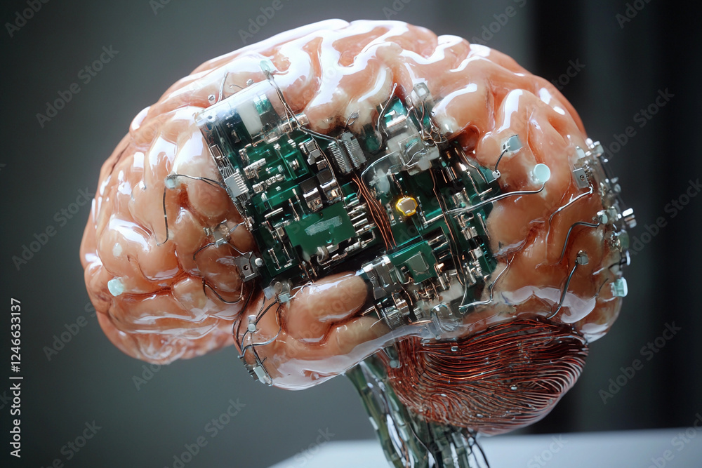 Fototapete futuristic brain design featuring circuit board elements merging technology with organic structure