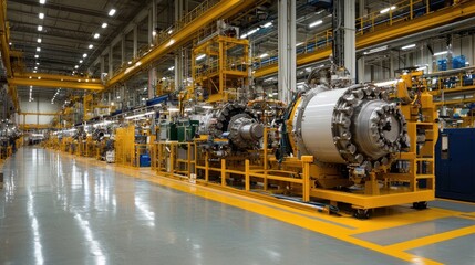 Factory interior large industrial machinery, production line, clean floor, bright lighting, manufacturing process