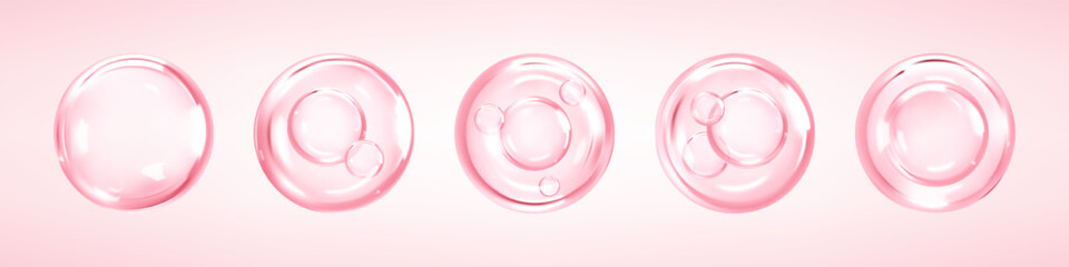 Transparent liquid сosmetic serum or essence bubbles. Collagen skin serum. Cosmetic essence. Hyaluronic acid bubbles. Skincare product. Concept skin care cosmetics solution