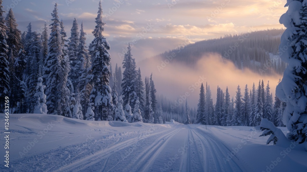 Poster a tranquil winter scene features tall snow covered trees lining a narrow path. soft morning light fi