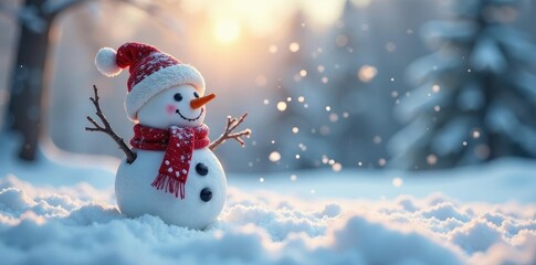 Snowy landscape with a cute snowman and falling snowflakes on a serene winter morning, snowy landscape, frosty
