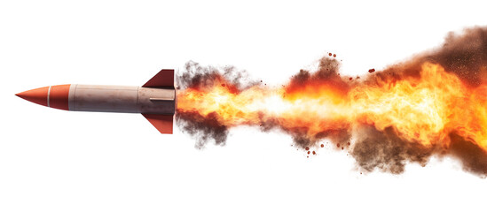 Missile rocket launch with fire and smoke trail on white and transparent background, cut out png