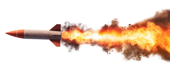 Missile rocket launch with fire and smoke trail on white and transparent background, cut out png