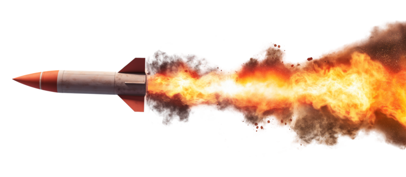 Missile rocket launch with fire and smoke trail on white and transparent background, cut out png