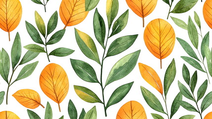 Autumn leaves and green foliage on a transparent background in a seamless pattern design.