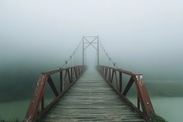 Fototapeta premium Misty wooden bridge leads to a lonely tree on a rocky island during early morning fog
