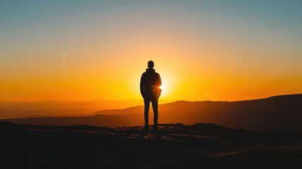 Silhouette of a Person Against a Sunset Horizon