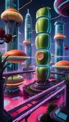 A futuristic city made of glowing, neon-infused fruits, featuring high-tech skyscrapers, bridges, drones, and holographic energy in a cyberpunk-inspired world