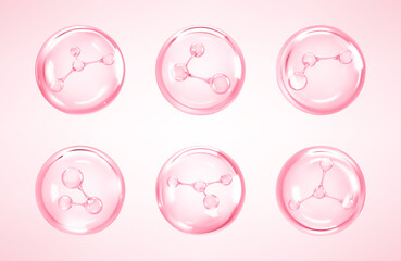 Molecules inside bubbles on pink background. Collagen serum bubble. Cosmetic essence. Hyaluronic acid. Skincare product. Concept skin care cosmetics solution. Vector 3d illustration