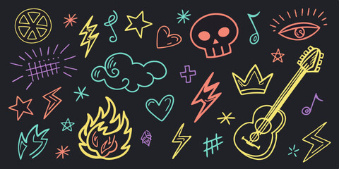 Colorful Hand-Drawn Doodle Set on Black Background, Arrows, Stars, Lightning, Vector Illustration