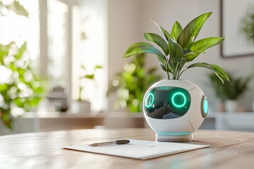 A ChatGPT bot writing responses with a pen on paper, Stock