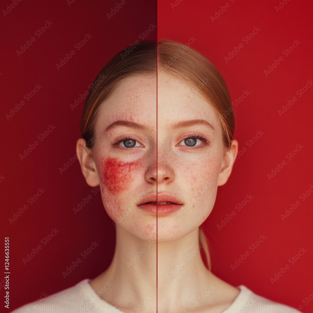 Poster split face comparison highlighting acne and smooth skin for skincare discussion. generative ai