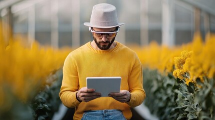 A man in a yellow sweater and hat uses a tablet in a greenhouse filled with vibrant sunflowers, blending technology with nature.
