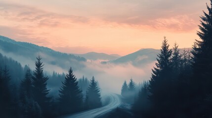 Obraz premium Serene Mountain Morning with Fog and Trees