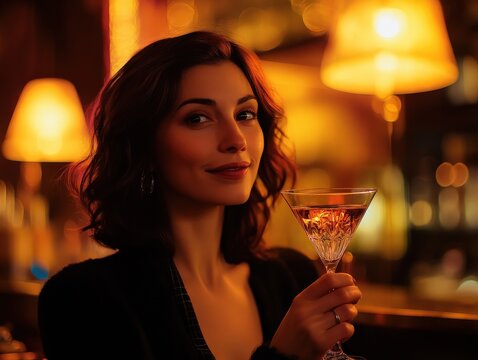 A stylish woman holding a martini glass at a posh bar, illuminated by warm lighting.