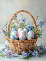 Beautiful Easter basket filled with colorful floral eggs and fresh flowers on a pastel background