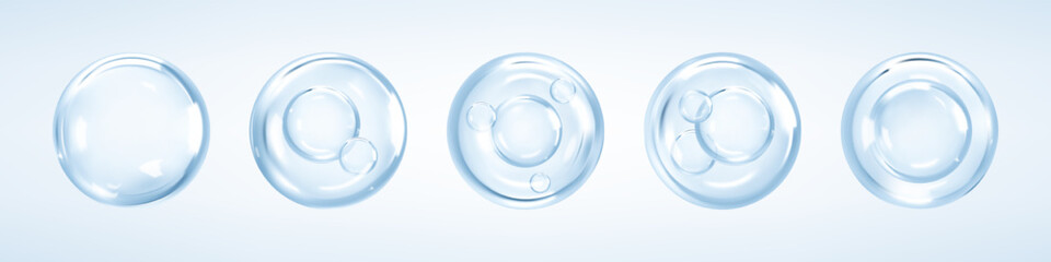 Transparent liquid сosmetic serum or essence bubbles. Collagen skin serum. Cosmetic essence. Hyaluronic acid bubbles. Skincare product. Concept skin care cosmetics solution