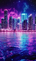 Fototapeta premium Neon cityscape reflected in water at night