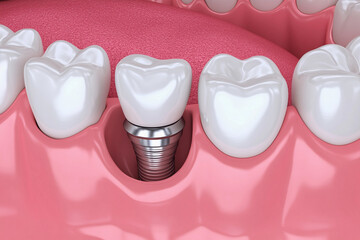 Dental implants displayed in a model of a human jaw demonstrating oral health and restoration procedures