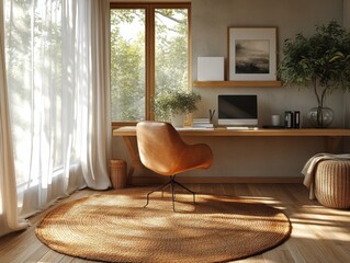 Scandinavian Minimalist Home Office with Light Wood Accents and Natural Lighting