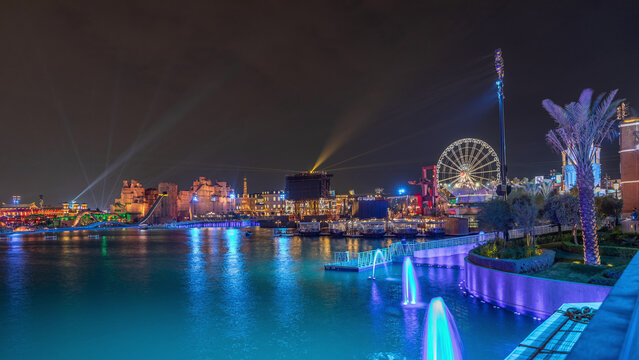 Panorama showing Riyadh Boulevard World entertainment park with largest artificial lake timelapse. Riyadh. Saudi Arabia