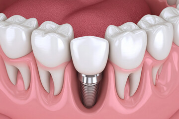 Dental implants displayed in a model of a human jaw demonstrating oral health and restoration procedures
