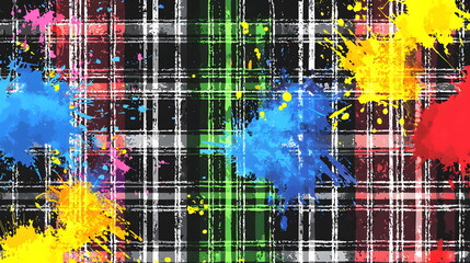 Colorful abstract plaid pattern with paint splatters in vibrant hues and black background