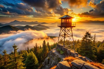 Fototapeta premium Adirondack Fire Tower Hurricane Mountain Sunrise Dramatic Landscape Photography