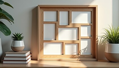 A wooden multi-photo frame mockup with empty spaces for photos, placed on a wooden surface, flanked by two potted plants and a stack of books, creating a minimalist and stylish decor