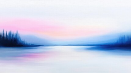 Fototapeta premium Serene pastel sunrise over calm lake, misty mountains