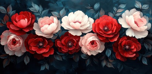 Watercolor floral arrangement deep red peonies pale pink roses greenery illustration wedding stationery