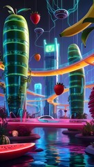 A futuristic city made of glowing, neon-infused fruits, featuring high-tech skyscrapers, bridges, drones, and holographic energy in a cyberpunk-inspired world