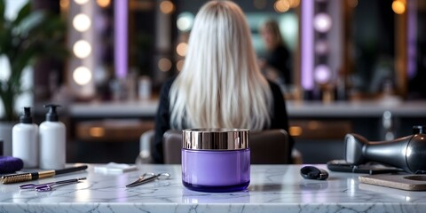 Purple Jar on Marble Counter in a Professional Hair Salon Setting with Blonde Hair Focus