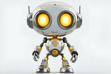 Fototapeta premium Adorable 3D rendered robot, friendly design, glowing lights, futuristic technology, white and silver, isolated on white background.