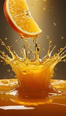 A radiant orange slice crashes into juice, creating a stunning golden splash with shimmering droplets, frozen in time with breathtaking clarity.

