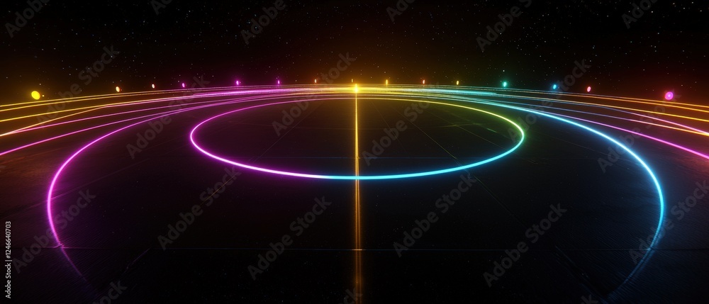 Wall mural neon cyan galaxy digital rendering with vibrant circular patterns and dazzling light effects in a st