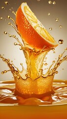 A radiant orange slice crashes into juice, creating a stunning golden splash with shimmering droplets, frozen in time with breathtaking clarity.

