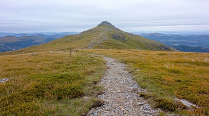 Mountain trail path leading to peak, scenic view, hiking