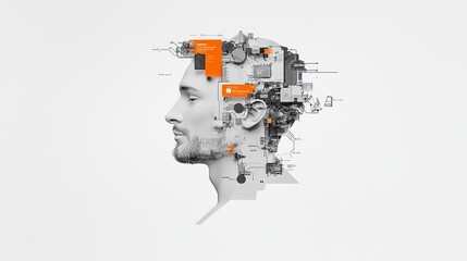 A realistic stock featuring a computer mind connections head. Inside a human head is a circuit board. Represents an engineering concept with a technology web background and a virtual theme