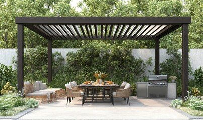 Obraz premium Outdoor dining area with pergola, grill, and lush landscaping