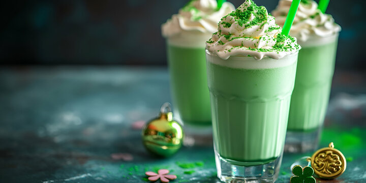 Indulge in the festive cheer with these vibrant green creamy mint milkshakes, perfect for St. Patrick's Day celebrations.