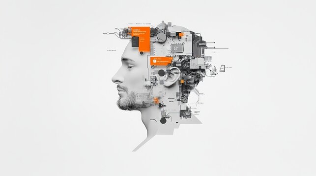 A realistic stock featuring a computer mind connections head. Inside a human head is a circuit board. Represents an engineering concept with a technology web background and a virtual theme